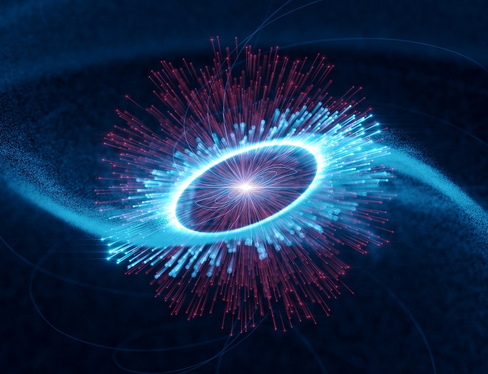 Illustration: It is believed that the energies of infrared light photons from the pulsar's poles are amplified to gamma-ray (blue) energy by ultrarelativistic electrons. (Science Communication Lab for DESY) 