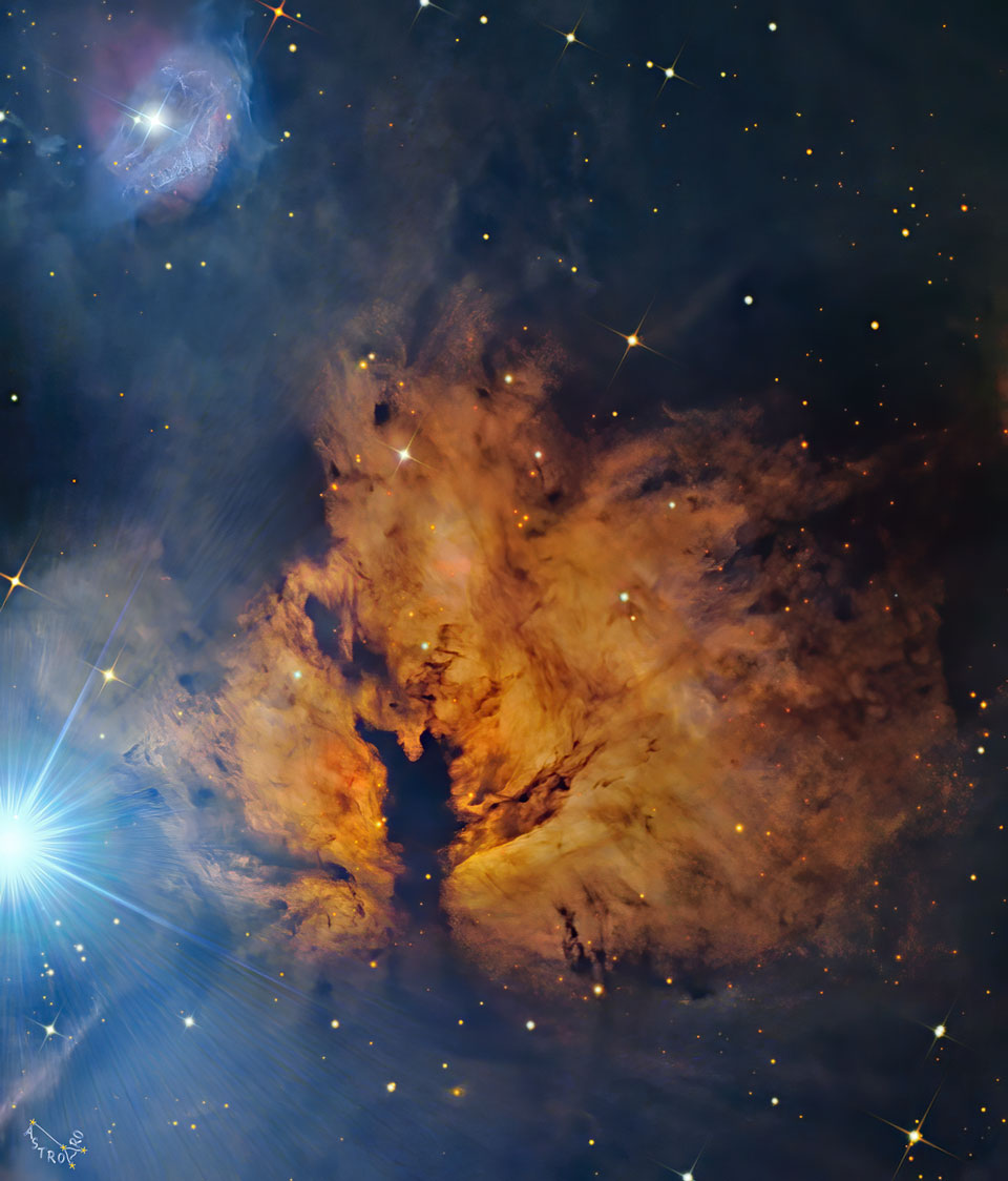 A picture of the center of the Flame Nebula is shown, with the 
bright star Alnitak off on the left. For more details, please read
the explanation.