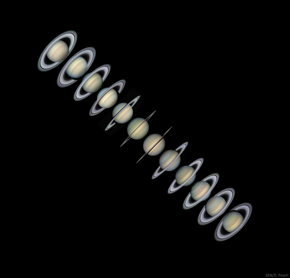 Zdjęcie ukazuje Saturna na zdjęciach wykonanych z Ziemi od 2004 do 2015 roku.
Więcej szczegółowych informacji w opisie poniżej.