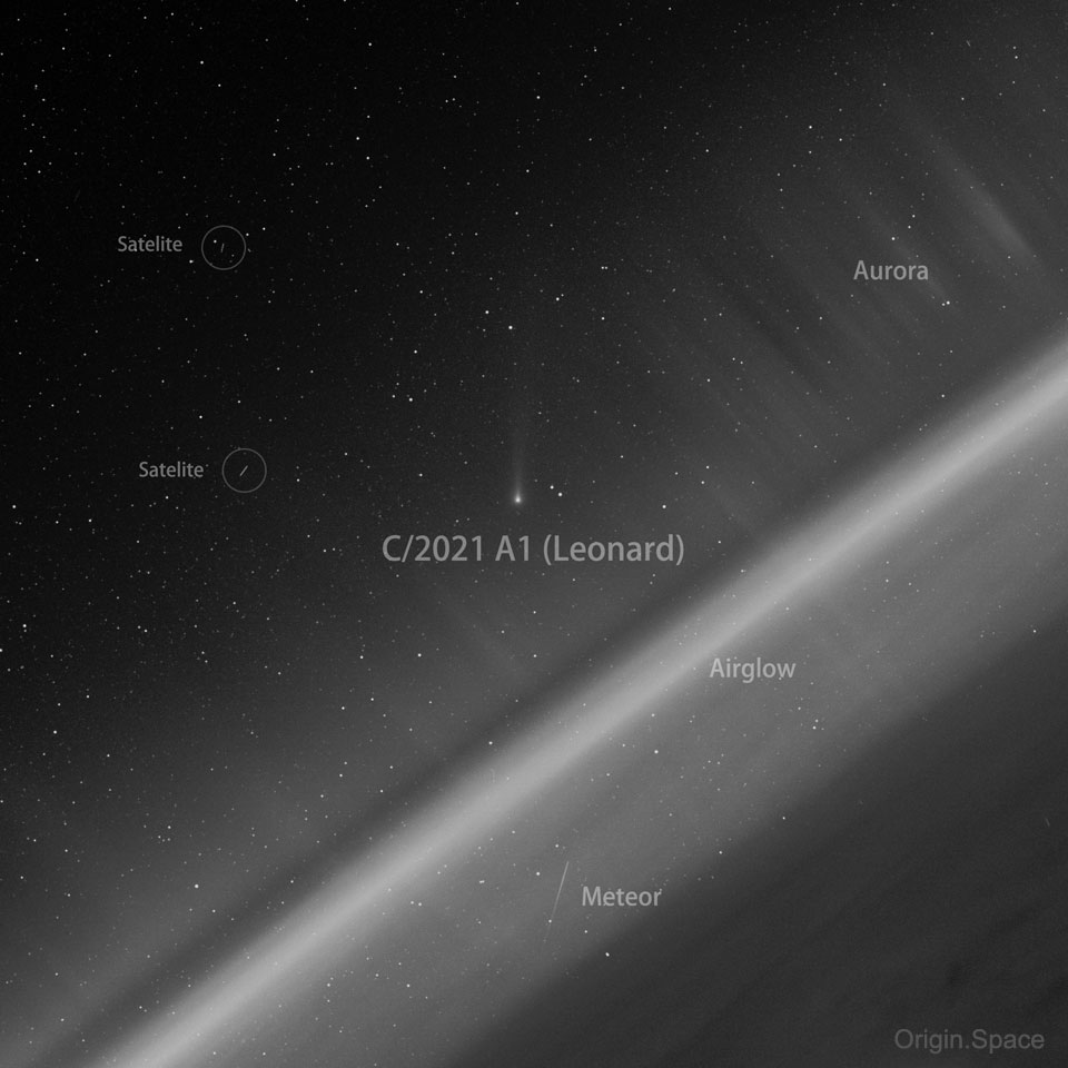 Zdjęcie ukazuje kometę Leonard widzianą z kosmosu. Przedstawia również zorze, meteor, ziemską atmosferę, 
gwiazdy oraz ślady satelitów. Zdjęcie zostało wykonane przez teleskop Yangwang-1 firmy Origin.Space.
Więcej szczegółowych informacji w opisie poniżej.