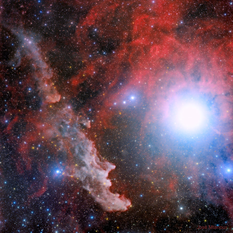 Opisywane zdjęcie pokazuje gwiazdę Rigel oraz pobliską Mgławicę
Głowa Wiedźmy, która jest mgławicą refleksyjna oświetlaną przez Rigel.
Zobacz opis. Po kliknięciu obrazka załaduje się wersja
 o największej dostępnej rozdzielczości.