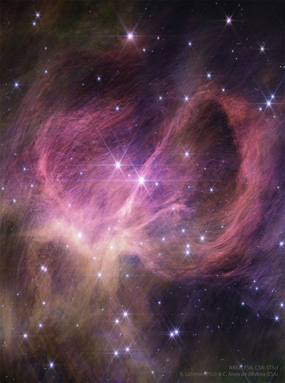 A cluster of stars is shown along with surrounding nebular gas a
and dust. Shown in infrared light in pink, the dust winds around the 
nebula center and itself appears composed of many finer filaments.
Więcej szczegółowych informacji w opisie poniżej.