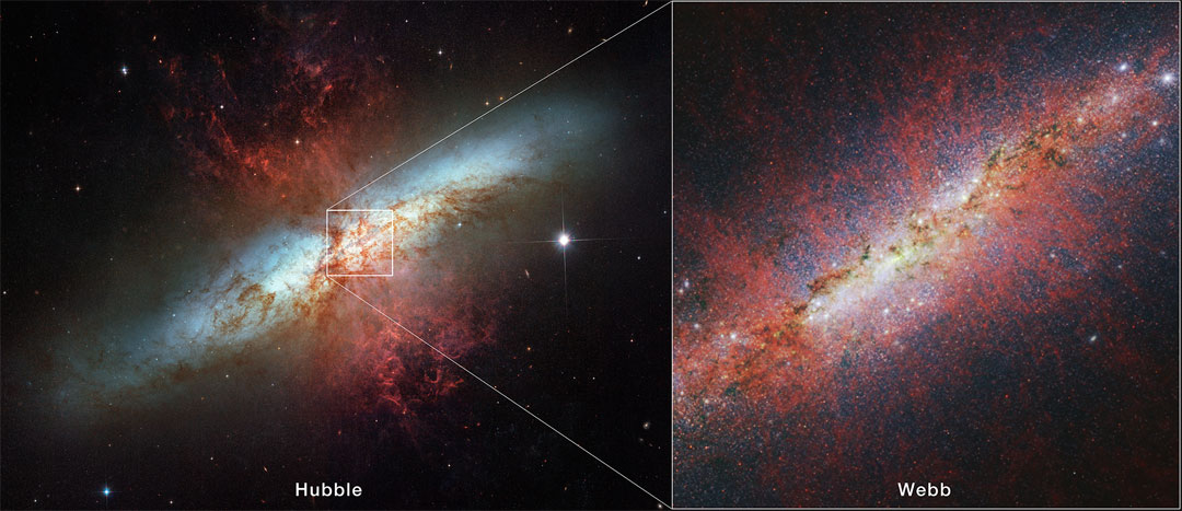 Po lewej widoczne jest zdjęcie niezwykłej galaktyki M82, wykonane przez Kosmiczny Teleskop Hubble'a, natomiast przybliżony 
obraz centrum po prawej stronie pochodzi z Kosmicznego Teleskopu Jamesa Webba. 
Z płaszczyzny galaktyki wydobywa się wiele świecących na czerwono włókien gazu. 
Więcej szczegółowych informacji w opisie poniżej.