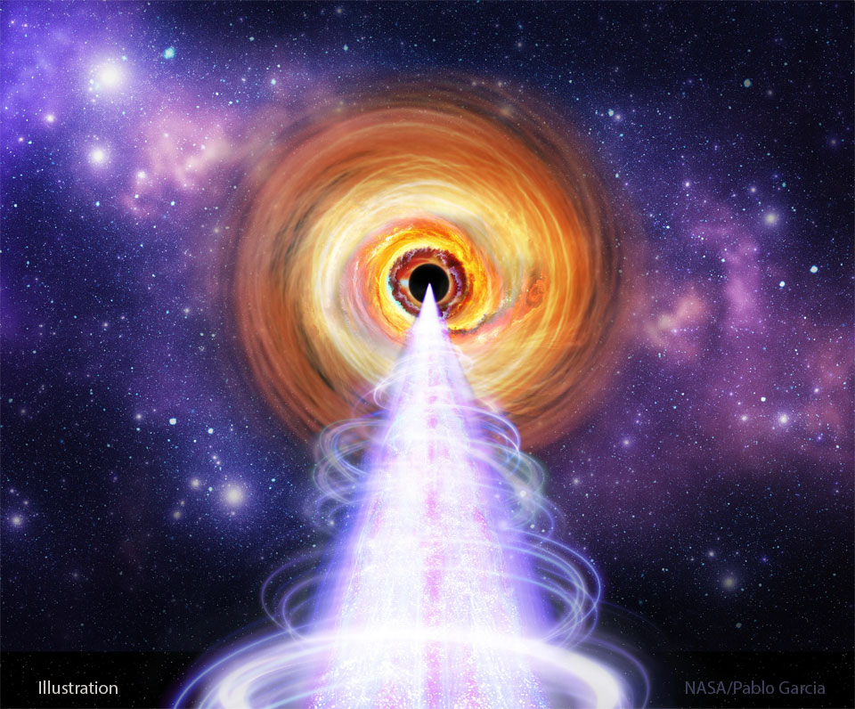 An artist's illustration of what the surroundings 
of the supermassive black hole at the center of BL Lac
is shown. A white jet protrudes horizontally toward
the bottom of the image, emanating from a orange accretion
disk surrounding a black hole. 
Więcej szczegółowych informacji w opisie poniżej.