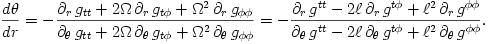 \frac{d\theta}{dr} = 
- \frac{\partial_{r}\,g_{tt} + 2\Omega\,\partial_{r}\,g_{t\phi} + \Omega^2\,\partial_{r}\,g_{\phi\phi}}
{\partial_{\theta}\,g_{tt} + 2\Omega\,\partial_{\theta}\,g_{t\phi} + \Omega^2\,\partial_{\theta}\,g_{\phi\phi}}
=
- \frac{\partial_{r}\,g^{tt} - 2\ell\,\partial_{r}\,g^{t\phi} + \ell^2\,\partial_{r}\,g^{\phi\phi}}
{\partial_{\theta}\,g^{tt} - 2\ell\,\partial_{\theta}\,g^{t\phi} + \ell^2\,\partial_{\theta}\,g^{\phi\phi}}.
